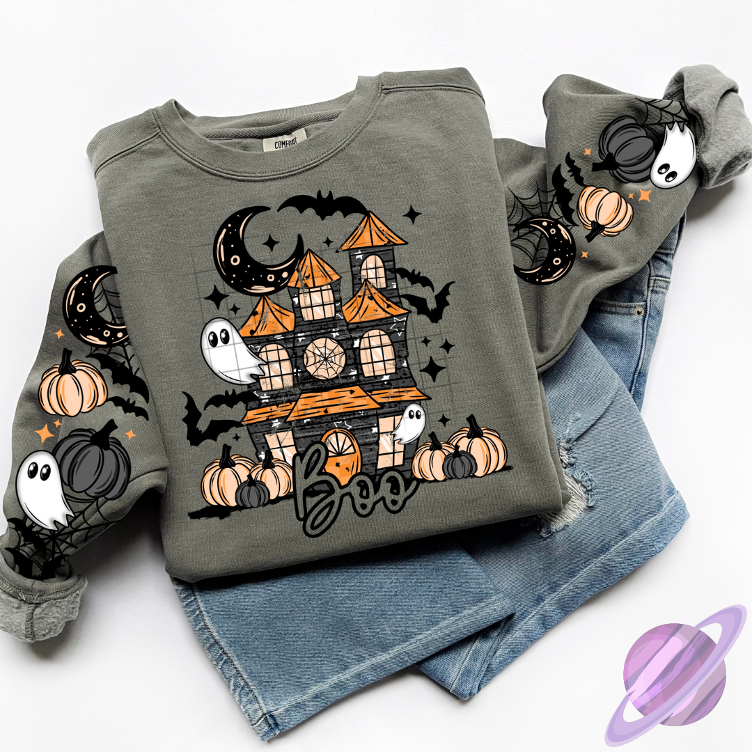 HAUNTED HOUSE-SWEATSHIRT W/ SLEEVE PRINT