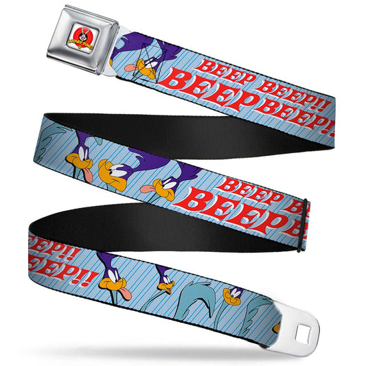 Looney Tunes Logo Full Color White Seatbelt Belt - MEEP MEEP!! w/Road Runner Poses Baby Blue Webbing