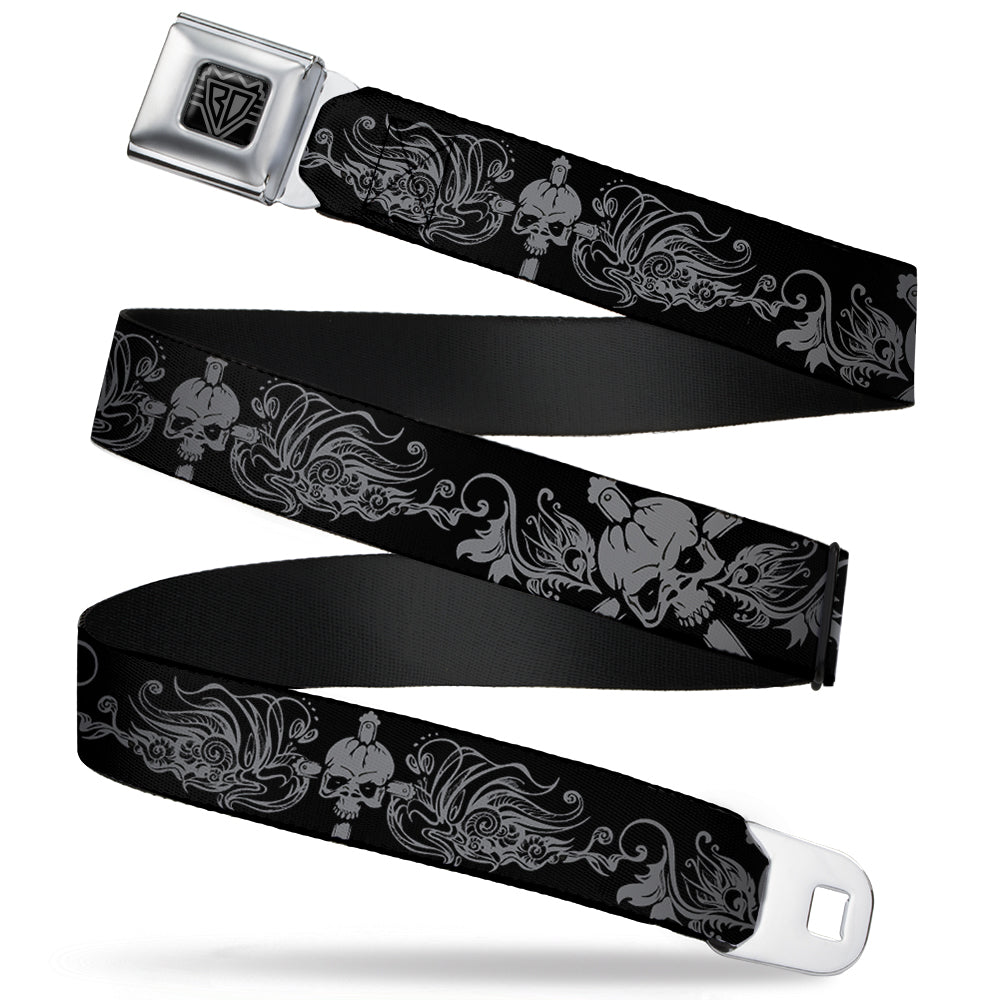 BD Wings Logo CLOSE-UP Full Color Black Silver Seatbelt Belt - Skull & Dagger w/Filigree Black/Gray Webbing