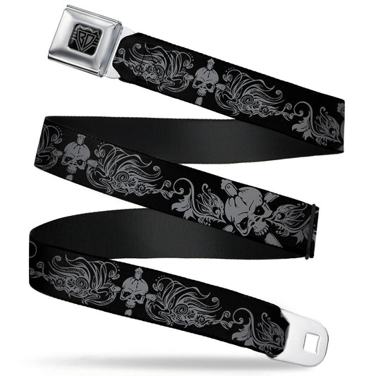 BD Wings Logo CLOSE-UP Full Color Black Silver Seatbelt Belt - Skull & Dagger w/Filigree Black/Gray Webbing