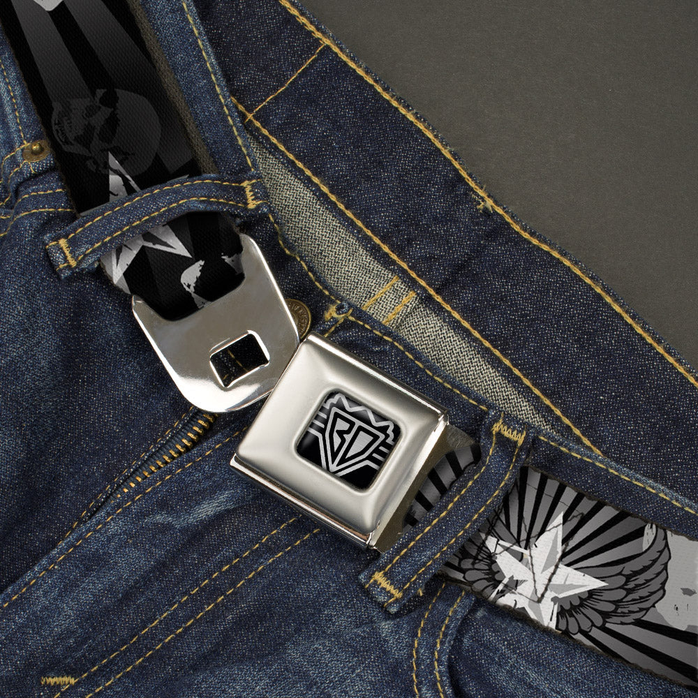 BD Wings Logo CLOSE-UP Full Color Black Silver Seatbelt Belt - Die Hard Skulls & Stars1 Black/Grays Webbing