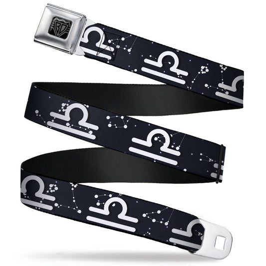 BD Wings Logo CLOSE-UP Full Color Black Silver Seatbelt Belt - Zodiac Libra Symbol/Constellations Black/White Webbing