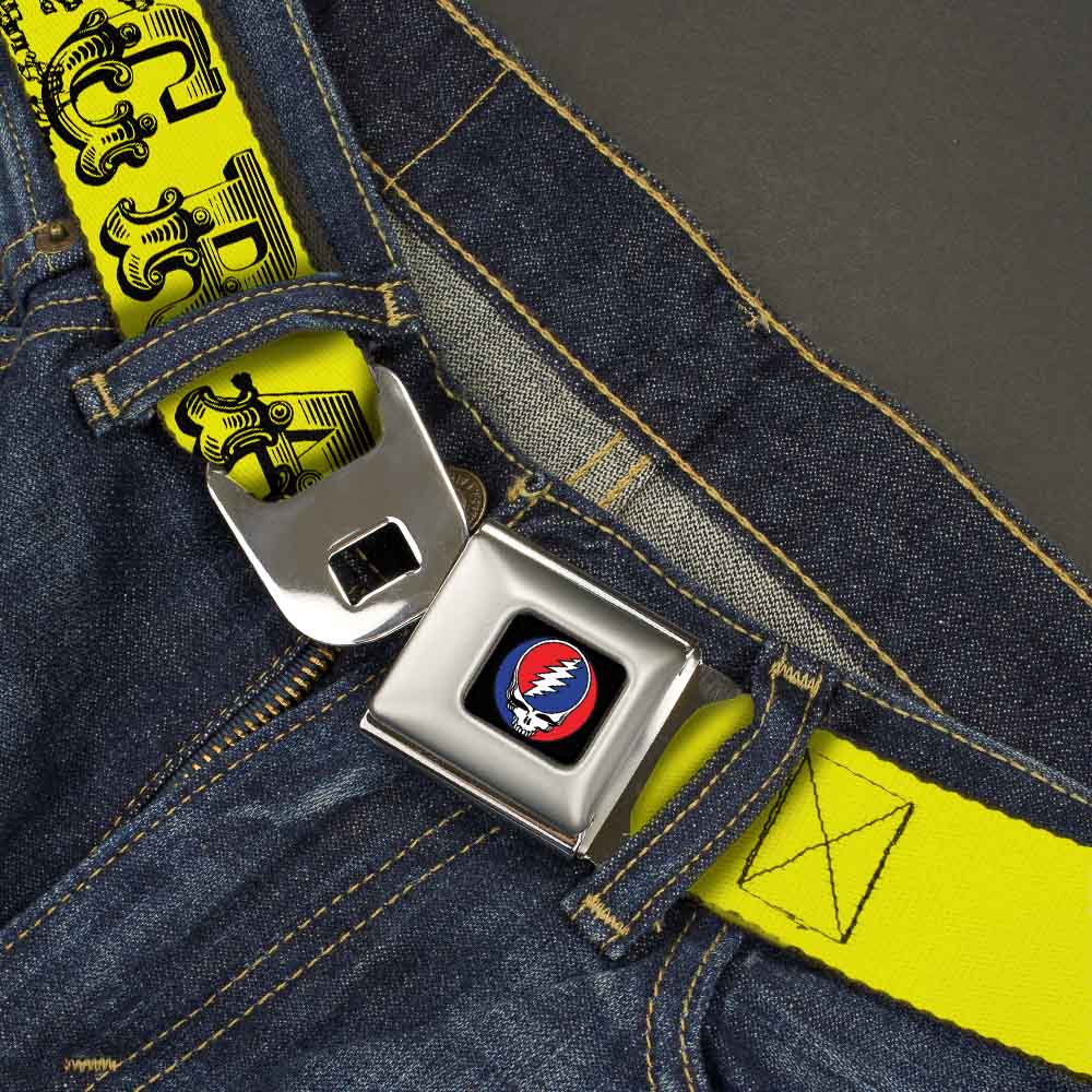 Steal Your Face Seatbelt Belt - Grateful Dead Text w/Skull & Roses Yellow Webbing