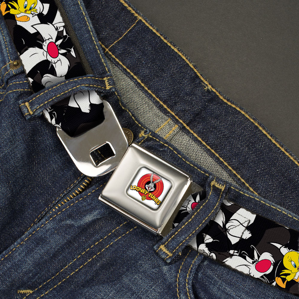 Looney Tunes Logo Full Color White Seatbelt Belt - Sylvester and Tweety Poses Scattered Charcoal Webbing