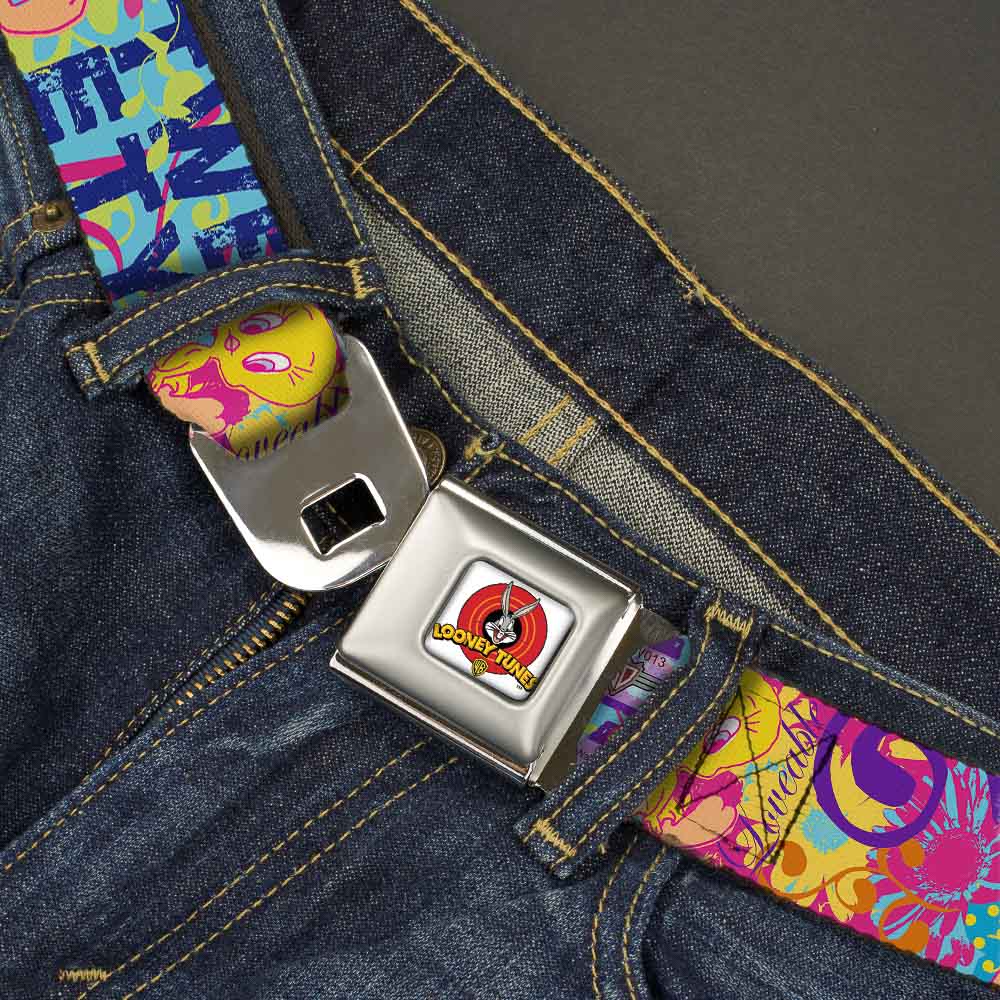 Looney Tunes Logo Full Color White Seatbelt Belt - Tweety Bird Poses LITTLE CUTIE-LOVEABLE Blue/Multi Color Webbing