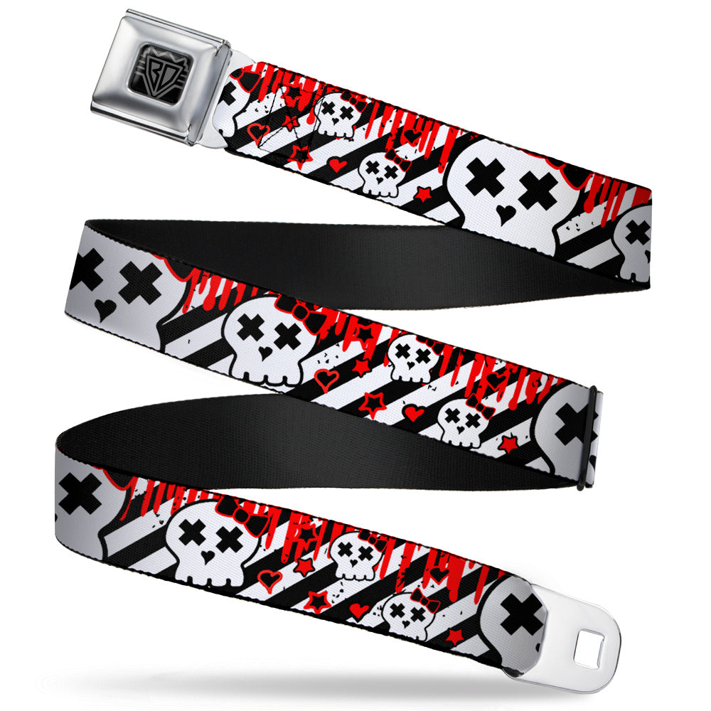 BD Wings Logo CLOSE-UP Full Color Black Silver Seatbelt Belt - Girlie Skull Black/White w/Red Paint Drips Webbing