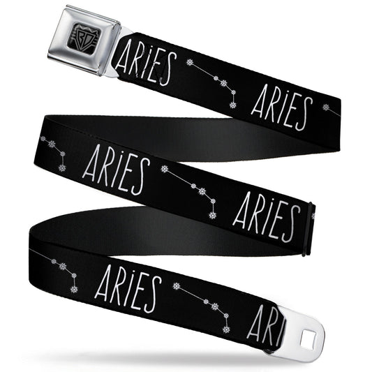 BD Wings Logo CLOSE-UP Full Color Black Silver Seatbelt Belt - Zodiac ARIES/Constellation Black/White Webbing