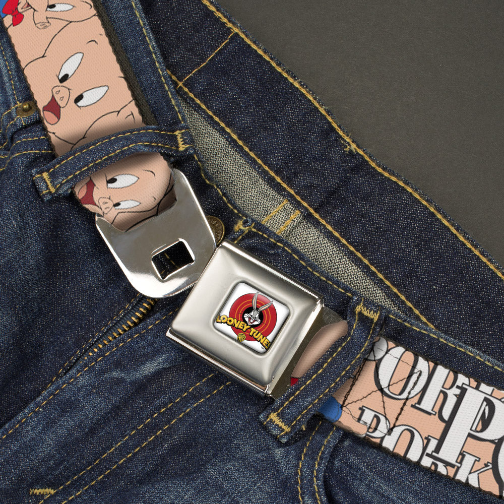 Looney Tunes Logo Full Color White Seatbelt Belt - PORKY PIG w/Poses Pink Webbing
