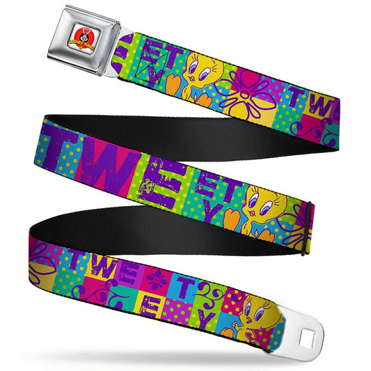 Looney Tunes Logo Full Color White Seatbelt Belt - TWEETY Letter Blocks Polka Dot Multi Color Webbing