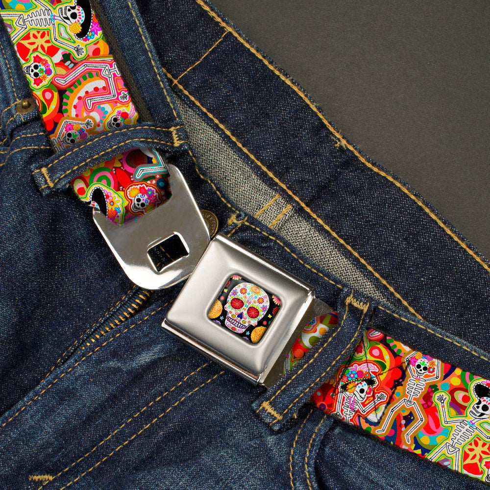 Sugar Skull Starburst Full Color Black/Multi Color Seatbelt Belt - Dancing Catrinas Collage Multi Color Webbing