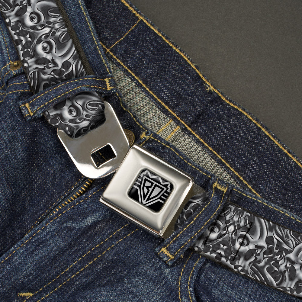 BD Wings Logo CLOSE-UP Full Color Black Silver Seatbelt Belt - Sleeve Skulls Black/Gray Webbing