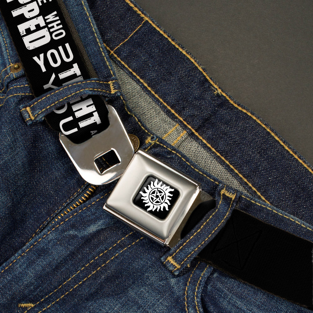 Winchester Logo Full Color Black White Seatbelt Belt - Castiel/Hand Print RAISED FROM PERDITION Black/Red/Grays/White Webbing