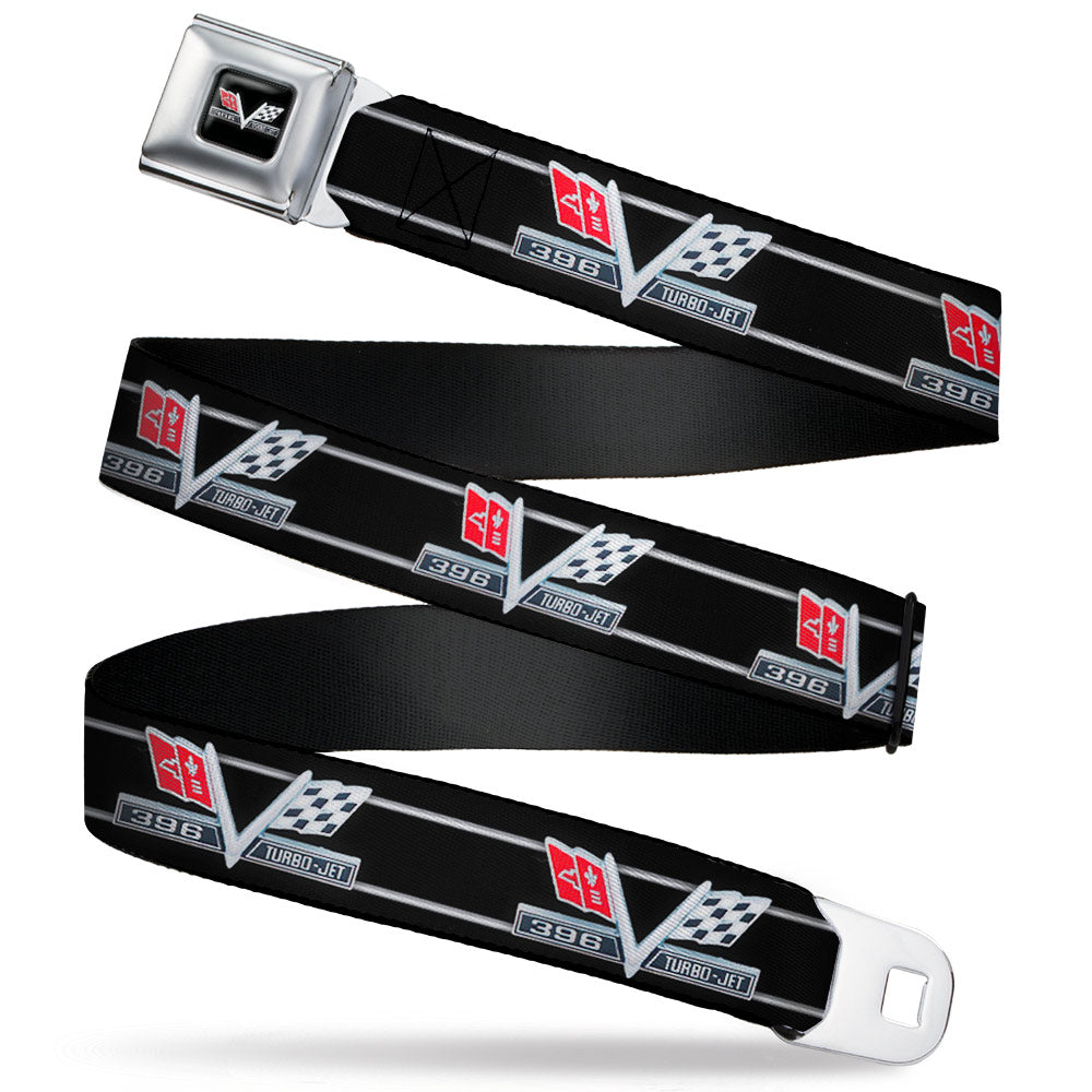 1967 Impala 396 TURBO-JET V Emblem Full Color Black Silver Red White Seatbelt Belt - 1967 Impala 396 TURBO-JET V Emblem/Stripe Black/Silver/Red/White Webbing