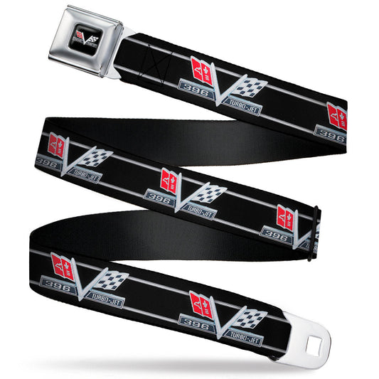 1967 Impala 396 TURBO-JET V Emblem Full Color Black Silver Red White Seatbelt Belt - 1967 Impala 396 TURBO-JET V Emblem/Stripe Black/Silver/Red/White Webbing