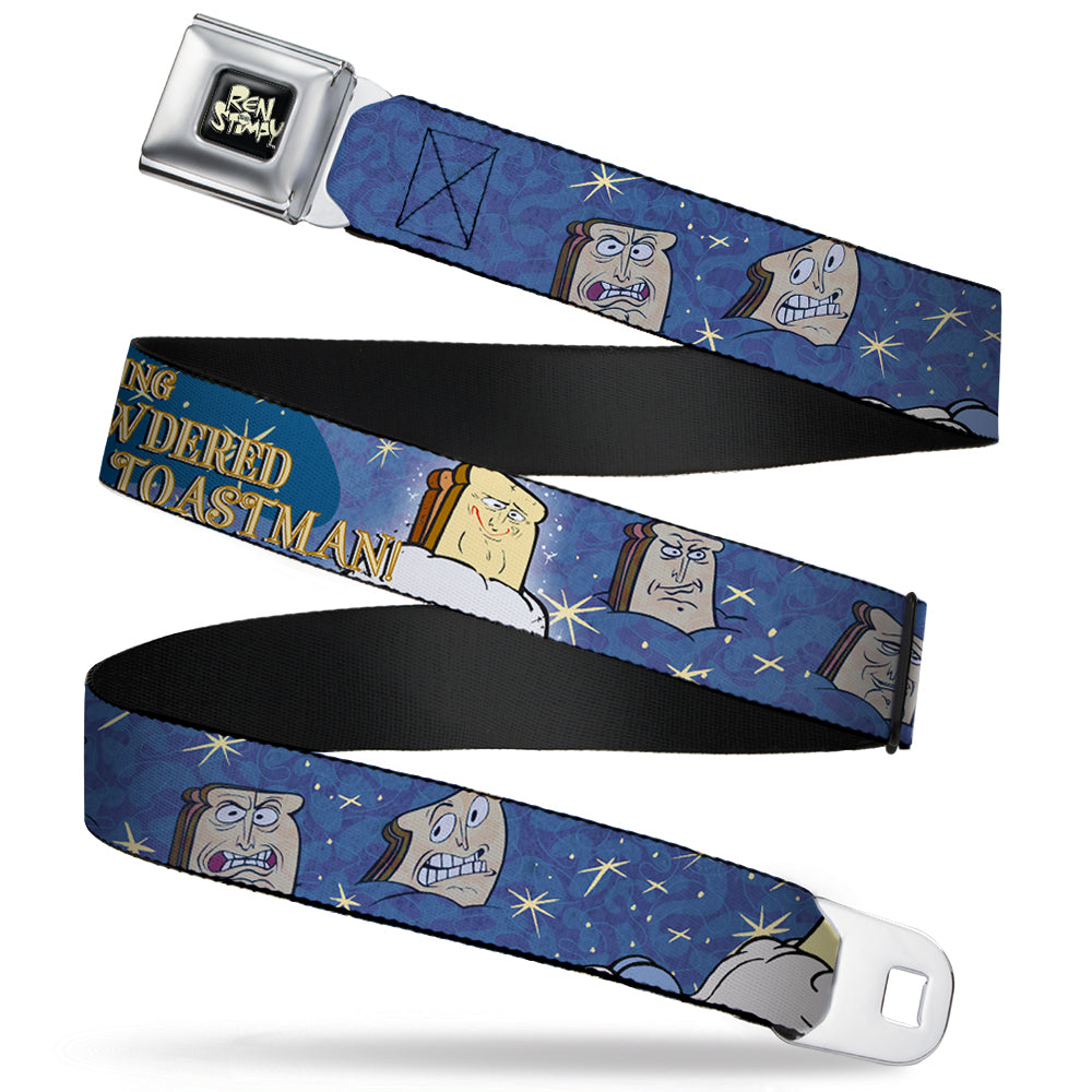 Ren & Stimpy Pose Full Color Black Seatbelt Belt - Powdered Toastman in Sky CALLING POWDERED TOASTMAN! Blue/Yellow Webbing
