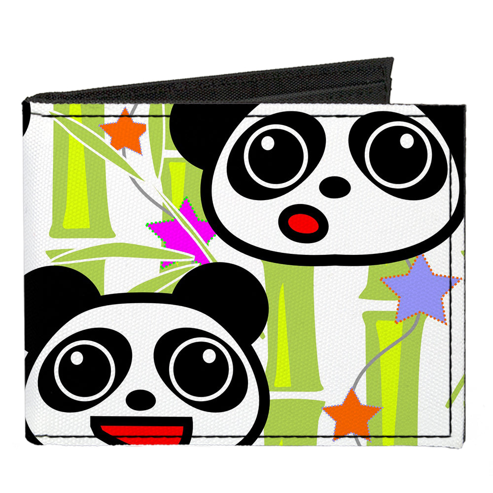 Canvas Bi-Fold Wallet - Panda Bear Cartoon Bamboo White Greens Multi Color