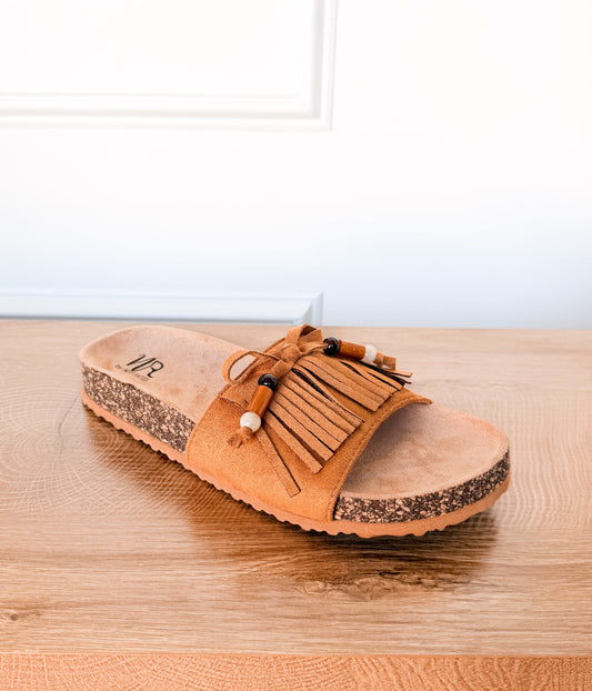 Lilliam Fringe Beaded Sandals in Tan