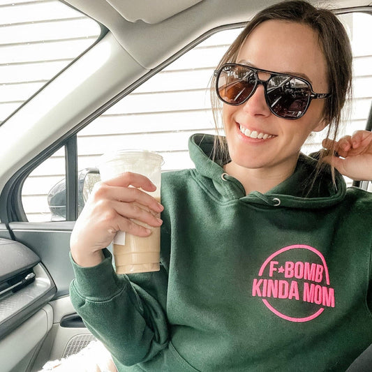 F Bomb Mom Evergreen Hoodie with Neon Pink Puff Print