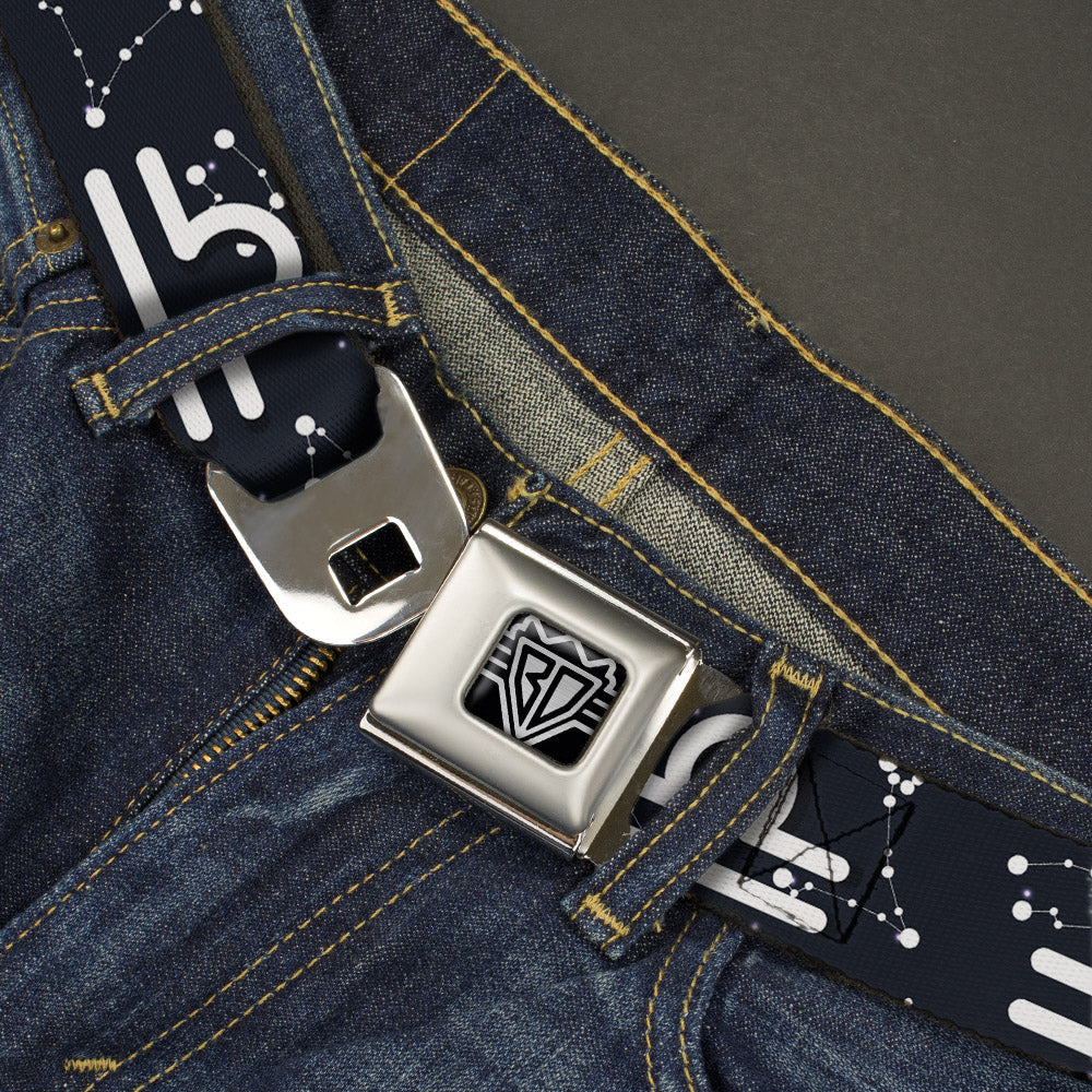 BD Wings Logo CLOSE-UP Full Color Black Silver Seatbelt Belt - Zodiac Libra Symbol/Constellations Black/White Webbing