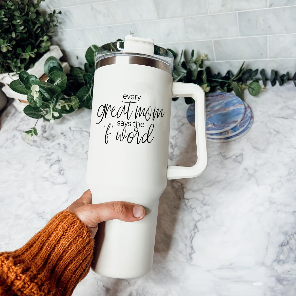Insulated 40oz Travel Tumbler Mom Says The F Word Handle Lid Straw Gift