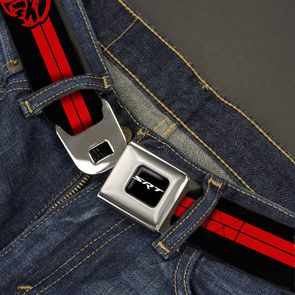 SRT Logo Full Color Black White Seatbelt Belt - Dodge Hellcat Stripe Logo Black/Red Webbing