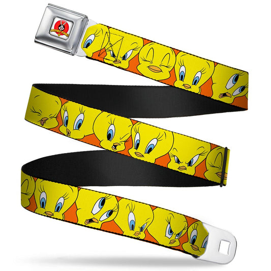 Looney Tunes Logo Full Color White Seatbelt Belt - Tweety Bird CLOSE-UP Expressions Orange Webbing