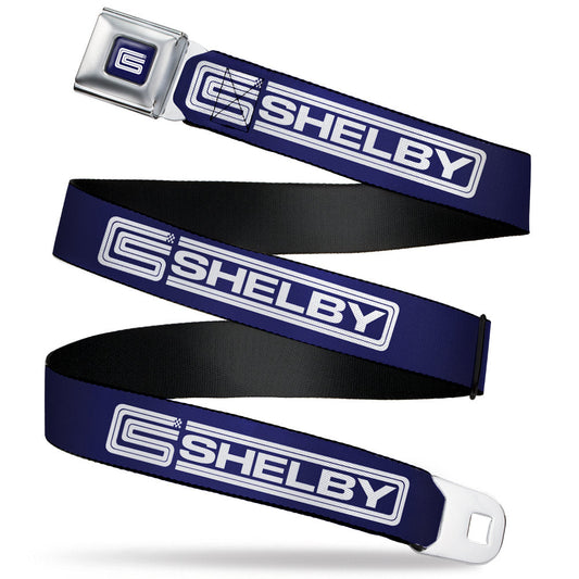 Carroll Shelby CS Racing Logo Full Color Navy/White Seatbelt Belt - Carroll Shelby CS SHELBY Racing Logo Block Navy/White Webbing