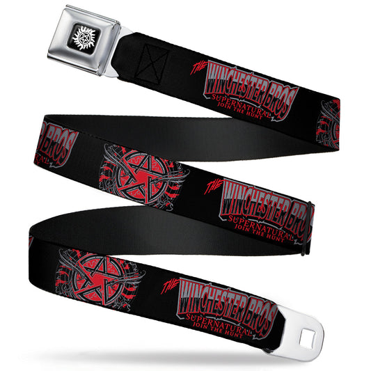Winchester Logo Full Color Black White Seatbelt Belt - THE WINCHESTER BROS/Flaming Pentagram Black/White/Reds Webbing