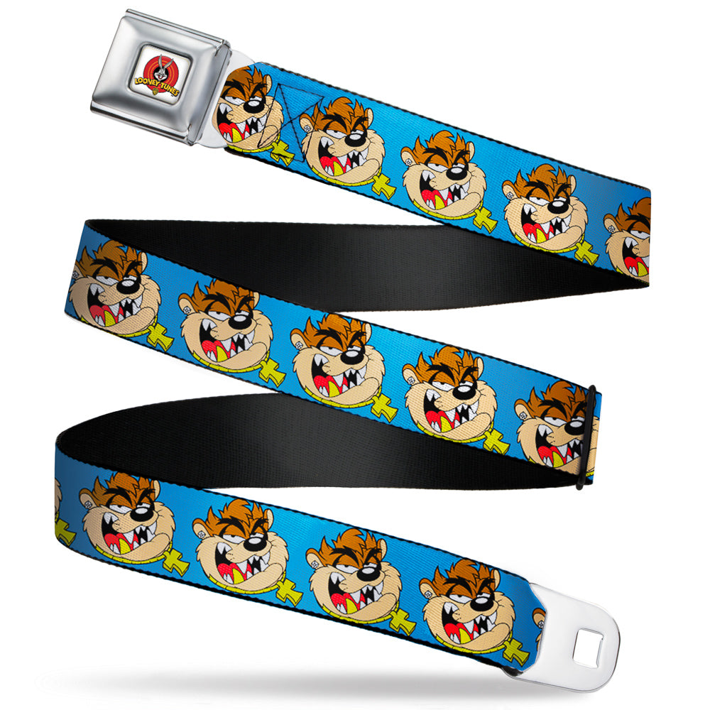 Looney Tunes Logo Full Color White Seatbelt Belt - Tasmanian Devil Hip Hop Expression Blue Webbing