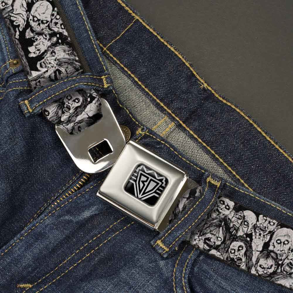 BD Wings Logo CLOSE-UP Full Color Black Silver Seatbelt Belt - Zombie Skulls Sketch Webbing