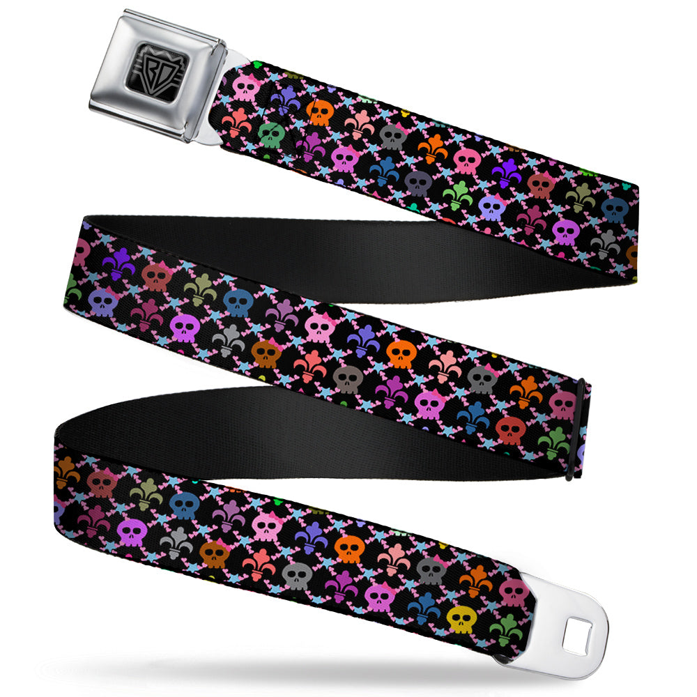 BD Wings Logo CLOSE-UP Full Color Black Silver Seatbelt Belt - Skull & Fleur-de-Lis Black/Multi Color Webbing