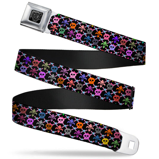 BD Wings Logo CLOSE-UP Full Color Black Silver Seatbelt Belt - Skull & Fleur-de-Lis Black/Multi Color Webbing
