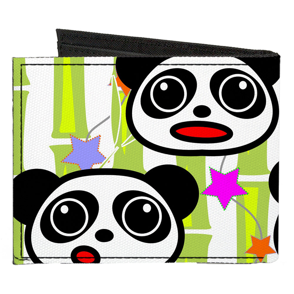 Canvas Bi-Fold Wallet - Panda Bear Cartoon Bamboo White Greens Multi Color