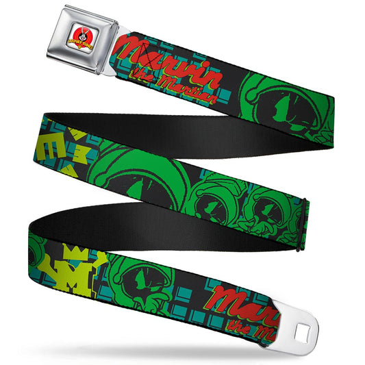 Looney Tunes Logo Full Color White Seatbelt Belt - MARVIN THE MARTIAN w/Poses Black/Turquoise Webbing