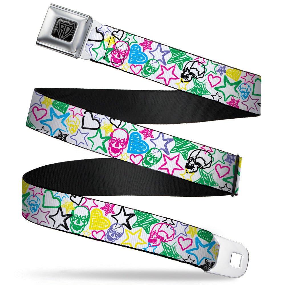BD Wings Logo CLOSE-UP Full Color Black Silver Seatbelt Belt - Sketch Skull/Star/Heart White/Multi Color Webbing