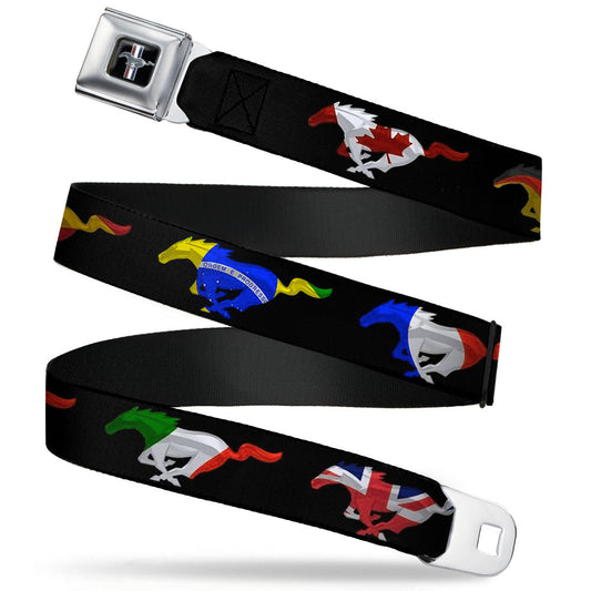 Ford Mustang Emblem Seatbelt Belt - Mustang Silhouette Black/International Flags Webbing