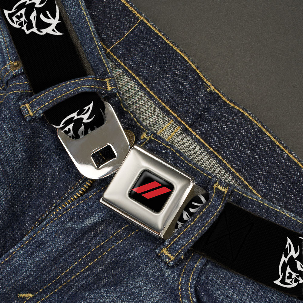 Dodge Rhombus Icon Full Color Black Red Seatbelt Belt - Dodge Demon Icon Black/White Webbing