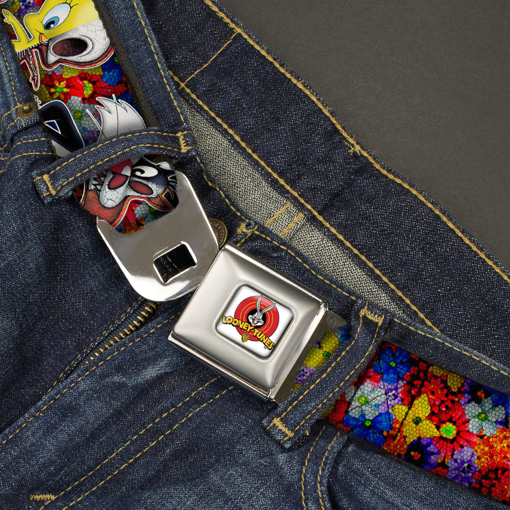 Looney Tunes Logo Full Color White Seatbelt Belt - Looney Tunes 6-Anatomy Character Poses Black Webbing