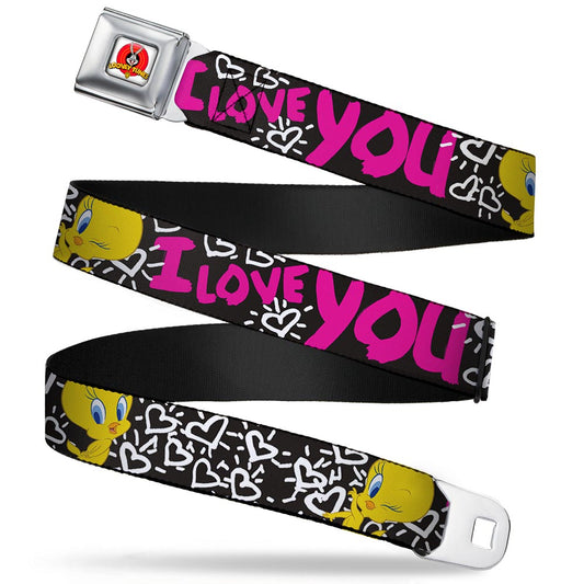 Looney Tunes Logo Full Color White Seatbelt Belt - Tweety Bird I LOVE YOU Black/White/Pink Webbing