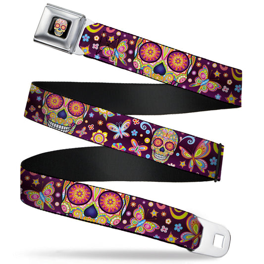 Mariposa Calavera Full Color Black/Multi Color Seatbelt Belt - Mariposa Calaveras/Butterflies/Flowers Burgundy/Multi Color Webbing