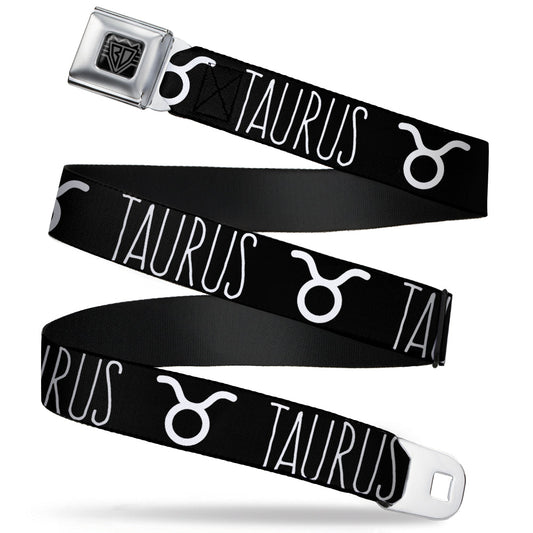 BD Wings Logo CLOSE-UP Full Color Black Silver Seatbelt Belt - Zodiac TAURUS/Symbol Black/White Webbing