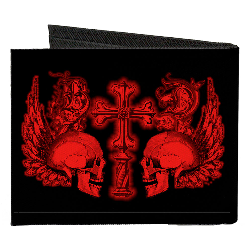 Canvas Bi-Fold Wallet - BD Skulls w Wings Black Red