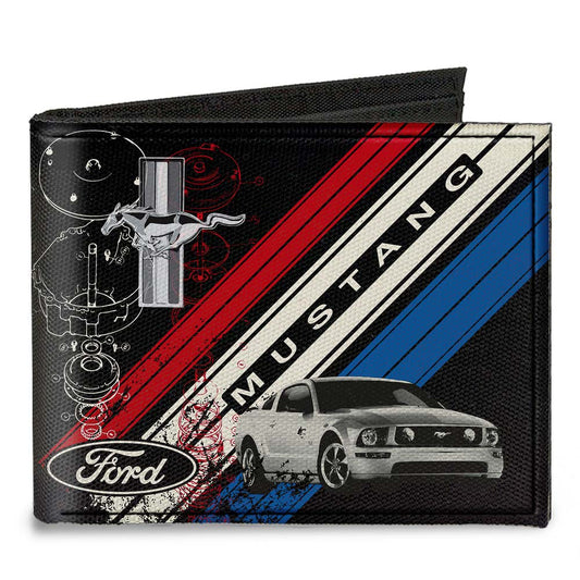 Canvas Bi-Fold Wallet - Mustang Tri-Bar Logo Diagonal Stripe Blueprint Black Red White Blue