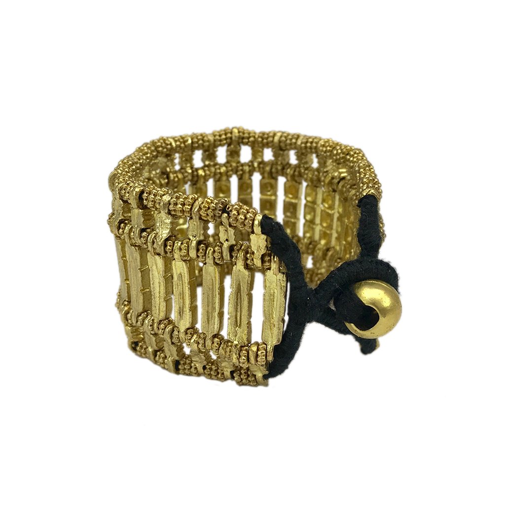 Kada Cuff Handwoven Metal Beads Cotton Thread Boho Indian Inspired 7.5in