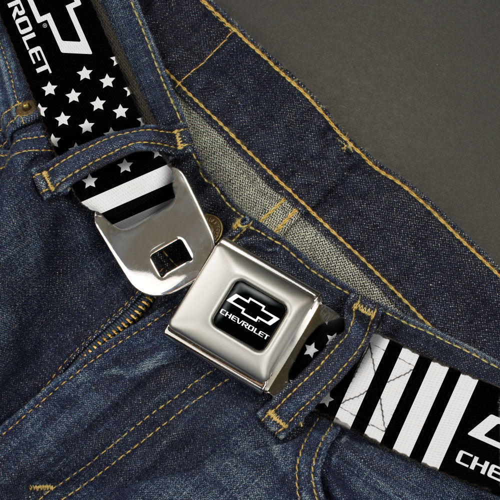 Chevy Bowtie Full Color Black/White Seatbelt Belt - CHEVROLET Bowtie Americana Stars and Stripes Black/White Webbing