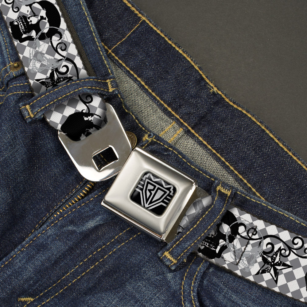 BD Wings Logo CLOSE-UP Full Color Black Silver Seatbelt Belt - Diamonds White/Gray w/Skulls Webbing