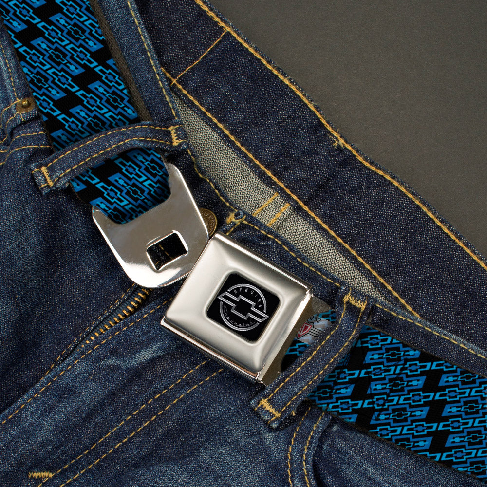Chevy Seatbelt Belt - Diagonal Retro Chevy Bowtie Monogram Black/Blues Webbing