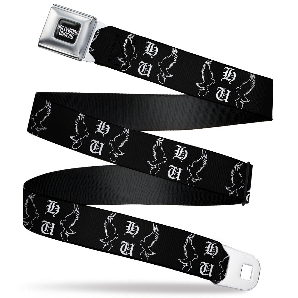 HOLLYWOOD UNDEAD Text Logo Full Color Black/White Seatbelt Belt - Hollywood Undead HU Shatter Dove & Grenade Black/White Webbing