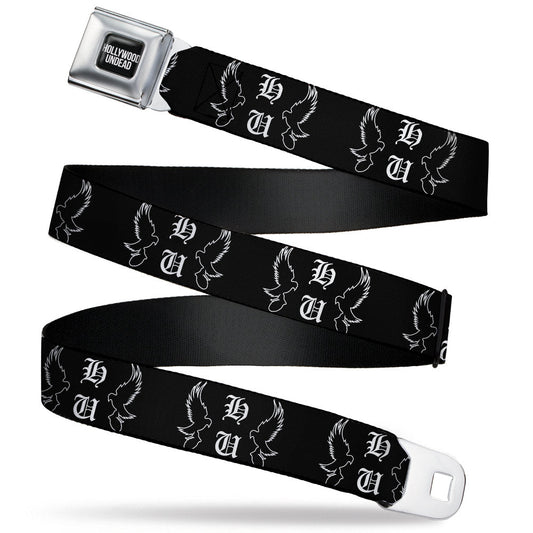 HOLLYWOOD UNDEAD Text Logo Full Color Black/White Seatbelt Belt - Hollywood Undead HU Shatter Dove & Grenade Black/White Webbing