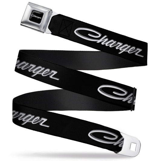CHARGER Script Emblem Corner Full Color Black Silver Fade White Seatbelt Belt - CHARGER Script Emblem Corner Black/Silver Fade/White Webbing